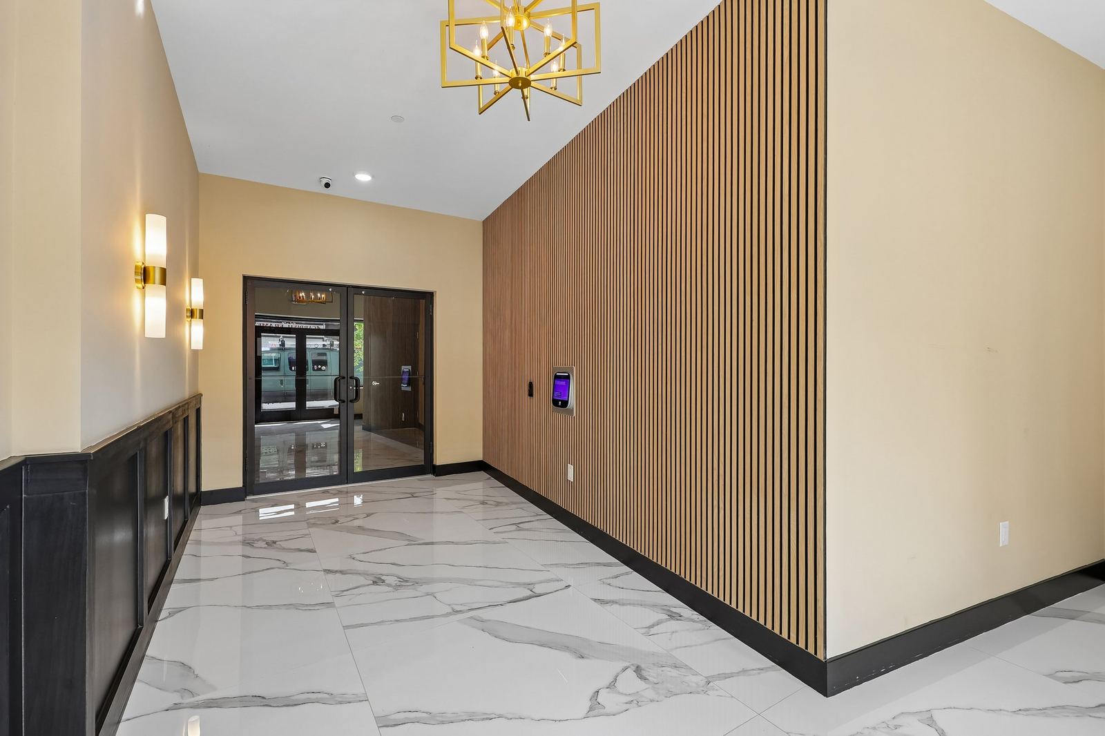 Meridia Pompton Lakes resident lobby with keyless entry access panel