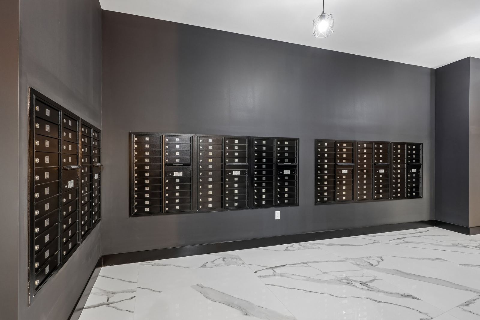 Meridia Pompton Lakes mail and package room with built-in parcel lockers